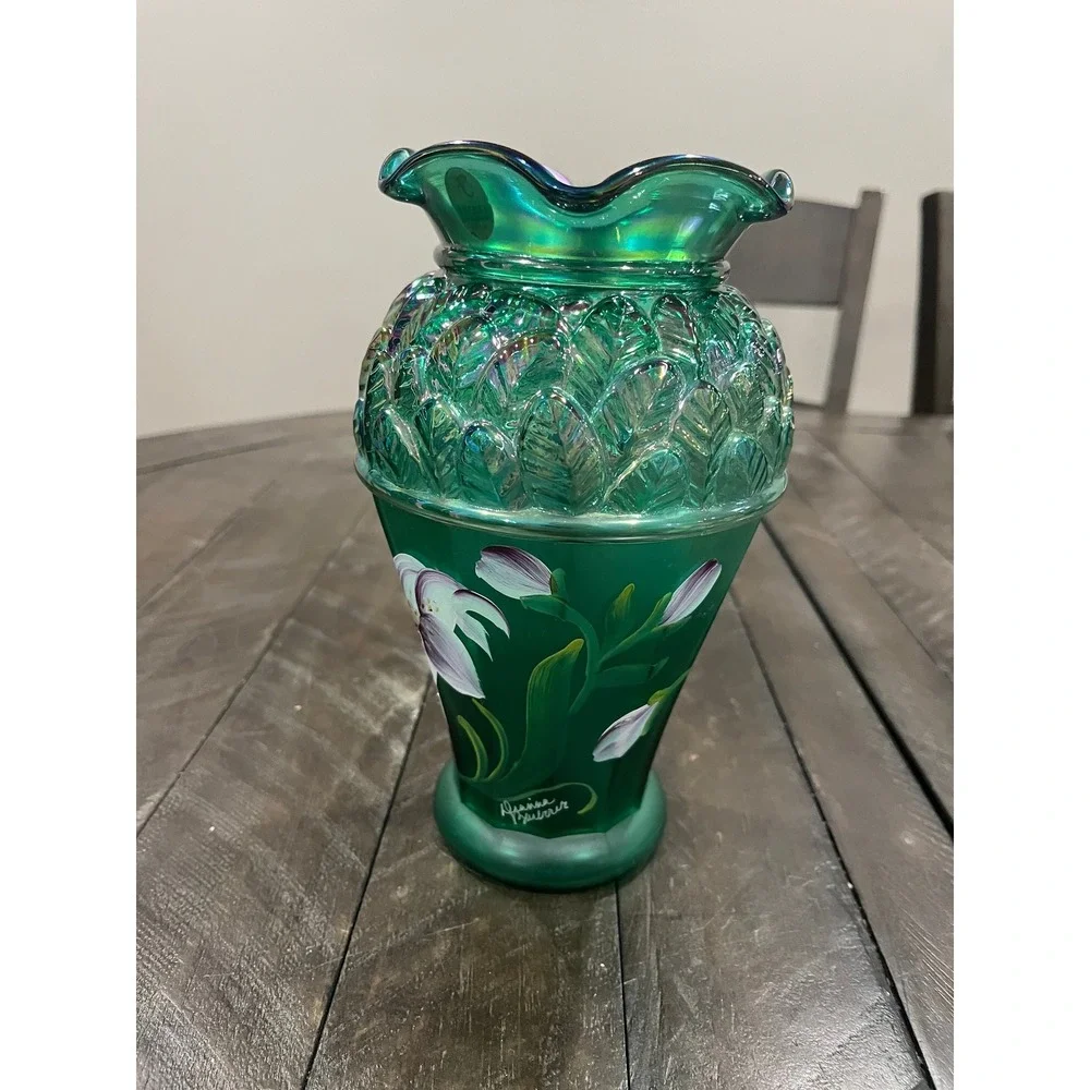 Vrg FENTON Designer Series Vase Emerald Green‎ Iridescent Purple Lily Signed